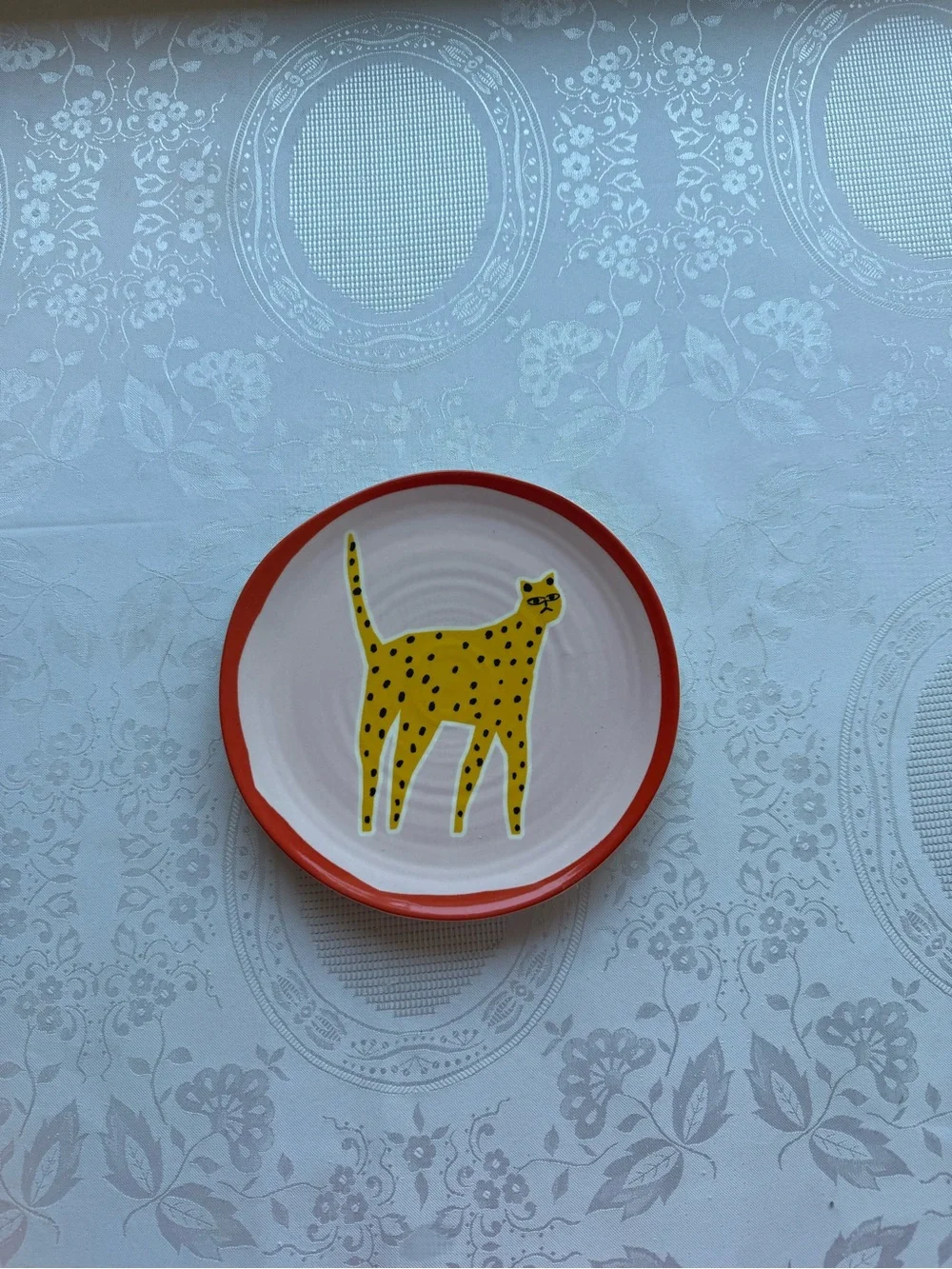 Anthropologie Marcello Velho Folksong Dessert Plate Cat Motif Pink/Orange Folk